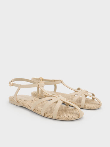 Strappy Raffia T-Bar Ankle-Strap Sandals, Taupe, hi-res