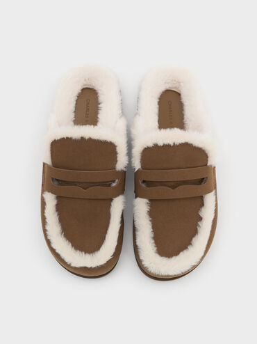 Recycled-Fur Flatform Mules, Brown, hi-res