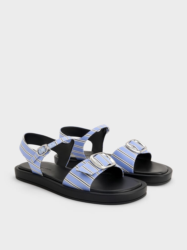 Striped Buckled Slingback Sandals, Blue, hi-res