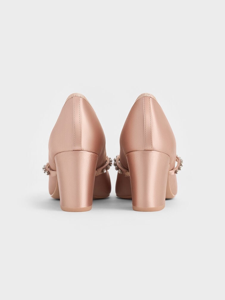 Satin Gem-Embellished Bow Mary Jane Pumps, Nude, hi-res