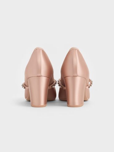 Satin Gem-Embellished Bow Mary Jane Pumps, Nude, hi-res