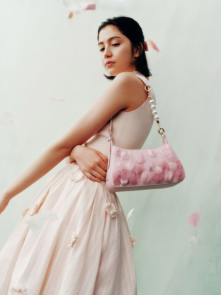 Gift Set: Floral-Mesh Pearl-Strap Shoulder Bag, Light Pink, hi-res