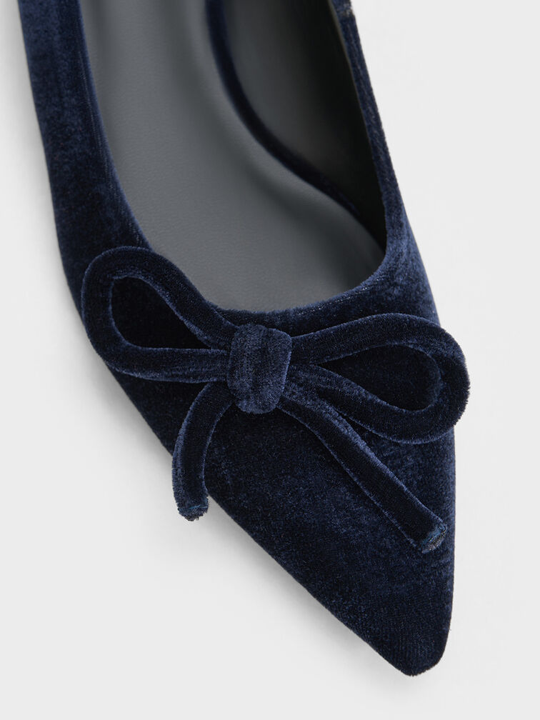Velvet Bow Pointed-Toe Kitten-Heel Pumps, Dark Blue, hi-res