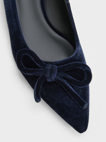 Velvet Bow Pointed-Toe Kitten-Heel Pumps, Dark Blue, hi-res