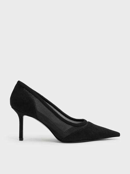 Faux Suede & Mesh Pointed Pumps, Black Textured, hi-res