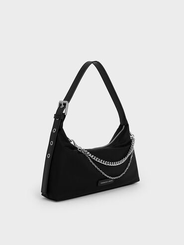 Nylon Chain-Link Trapeze Shoulder Bag, Noir, hi-res
