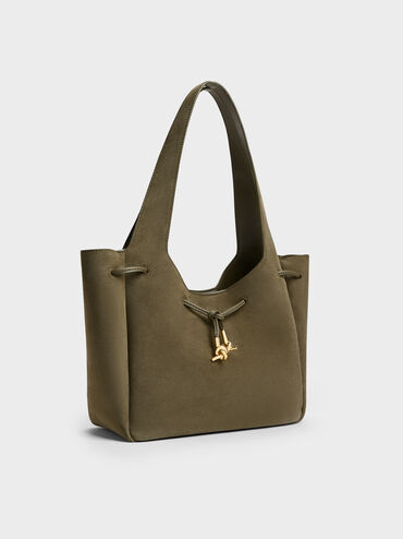 Mila Recycled Suede Metallic-Knot Drawstring Tote Bag, Deep Olive, hi-res