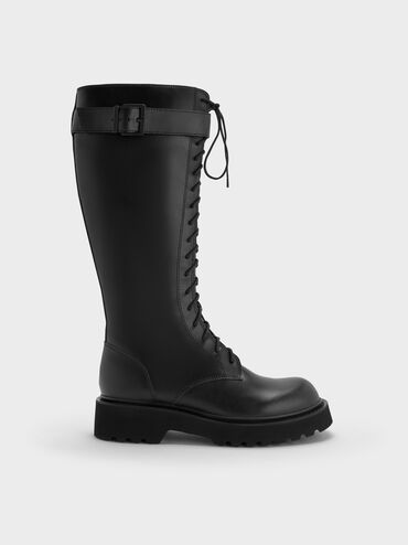 Darian Lace-Up Buckle-Strap Knee-High Boots, Black, hi-res