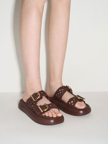 Woven Double-Strap Buckled Sandals, Brown, hi-res