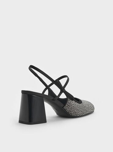 Satin Crystal-Embellished Slingback Mary Jane Pumps, Black Textured, hi-res