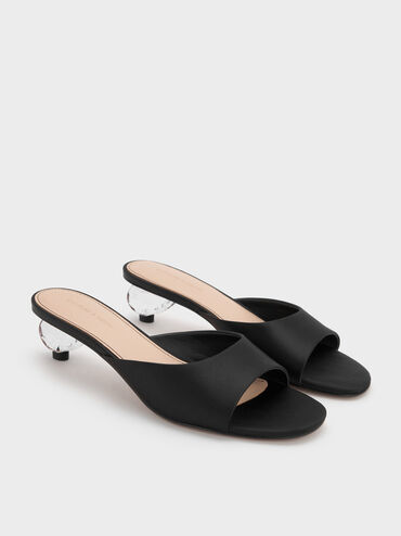 Satin Crystal-Heel Mules, Black Textured, hi-res