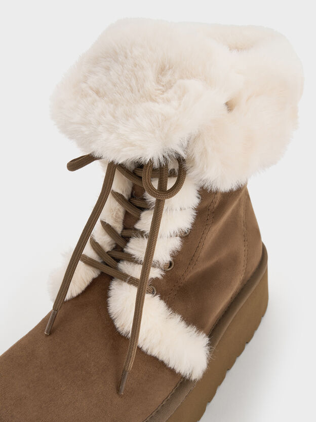 Faux Suede & Faux Fur Flatform Boots, Brown, hi-res