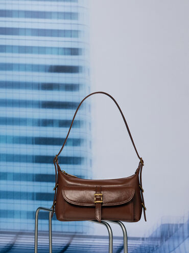 Bryna Belted Shoulder Bag, Dark Brown, hi-res
