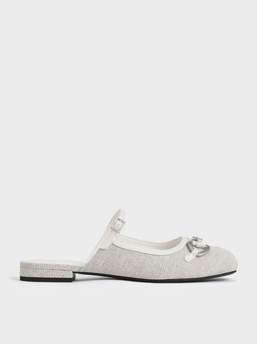 Woven Fabric Metallic-Accent Flat Mules, Light Grey, hi-res