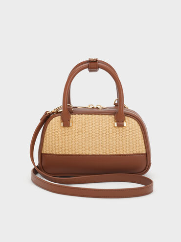 Leather & Raffia Bowling Bag, Neutral Raffia, hi-res