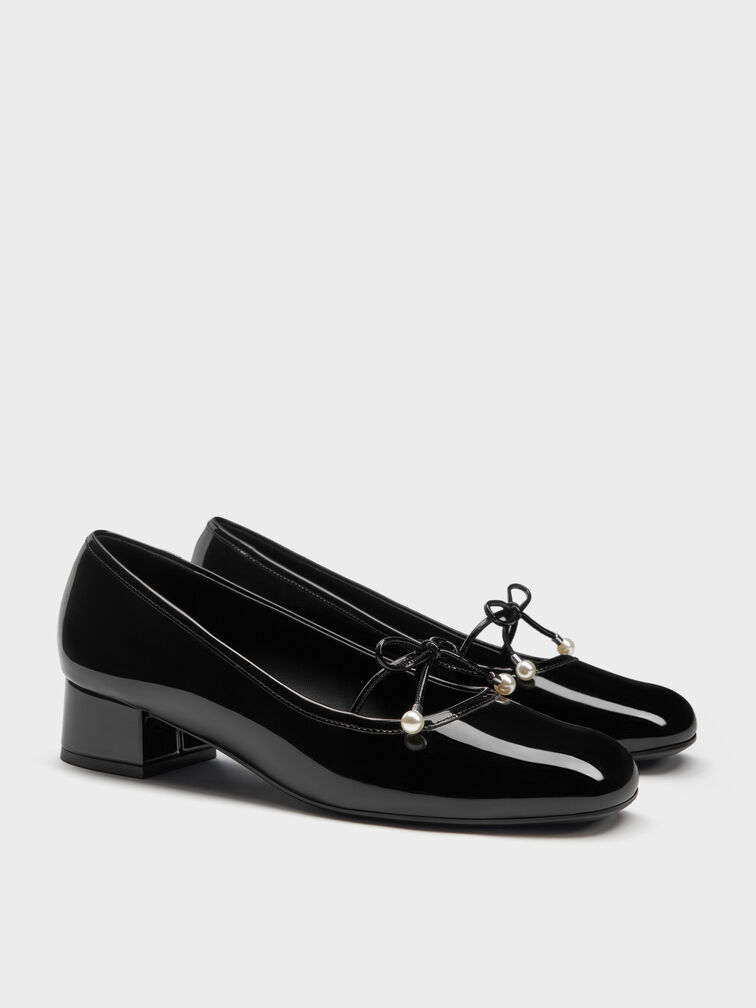 Barbara Patent Pearl-Embellished Bow Ballet Pumps, Black Patent, hi-res