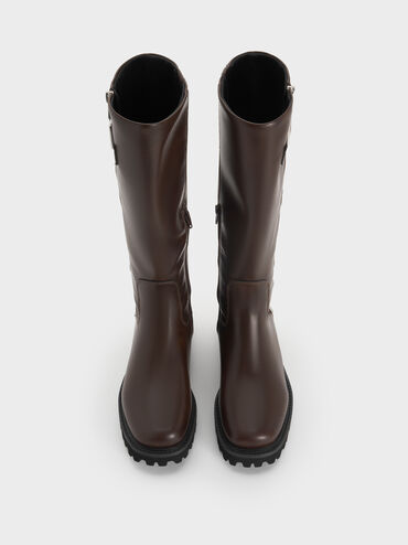Lyndon Buckled Side-Zip Knee-High Boots, Dark Brown, hi-res