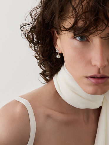 Athalia Crystal-Embellished Bow Snowflake-Ball Drop Earrings, Silver, hi-res