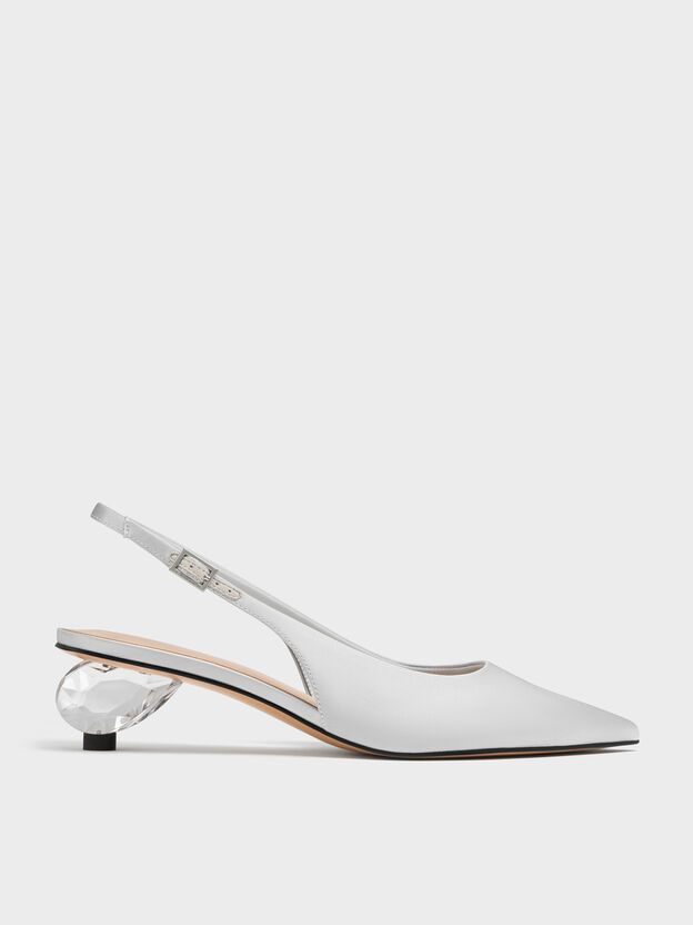 Pointed Crystal-Heel Slingback Pumps, Silver, hi-res