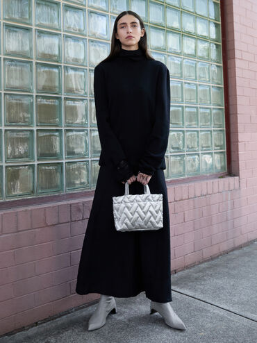 Nylon Chevron Boxy Tote Bag, Silver, hi-res