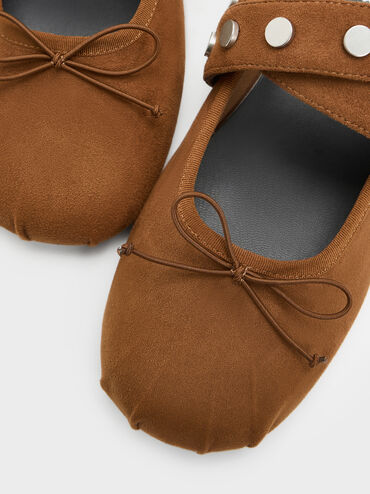 Gael Faux Suede Studded Crossover-Strap Bow Mary Janes, Brown, hi-res