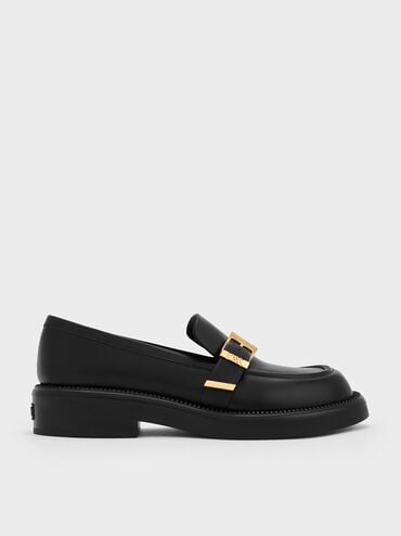 Leather Buckled-Strap Loafers, Black, hi-res