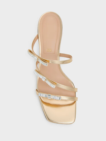 Jessy Leather Gem-Bow Heeled Sandals, Gold, hi-res