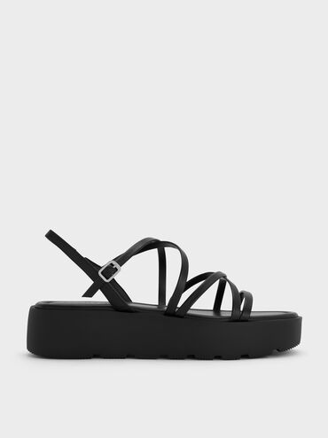 Strappy Ridged-Sole Flatform Sandals, Black, hi-res