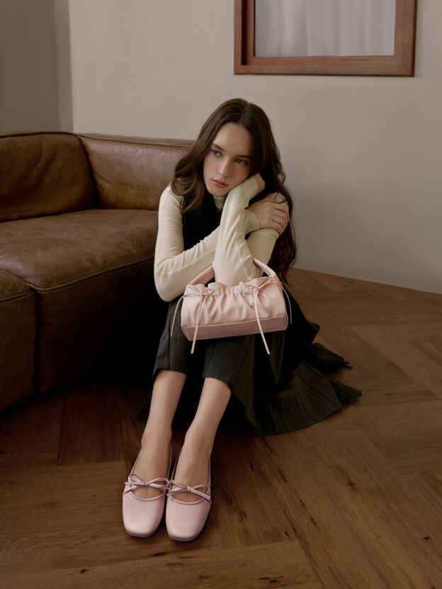 Satin Bow Ballet Flats, Pink, hi-res