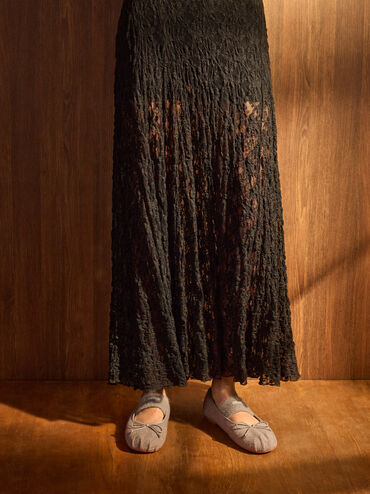 Winona Felt Bow Furry-Strap Mary Jane Flats, Light Grey, hi-res