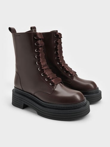 Satin-Lace Platform Combat Boots, Dark Brown, hi-res