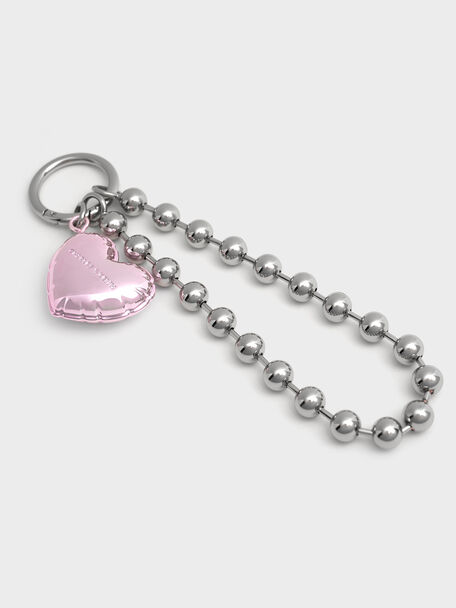 Metallic Heart Beaded Charm, Silver, hi-res
