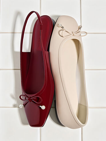 Barbara Patent Pearl-Bow Slingback Flats, Red, hi-res