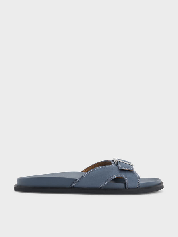 Faux Suede Stitch-Trim Buckled Slides, Blue, hi-res