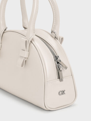 Leather Half-Moon Bowling Bag, White, hi-res