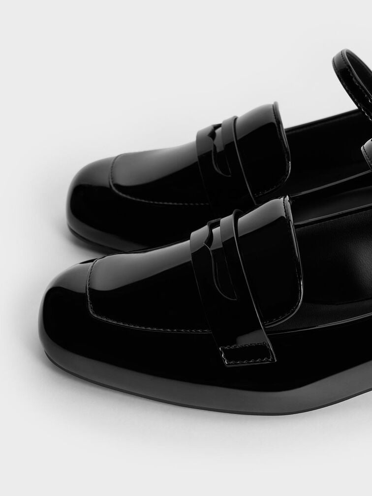Patent Pearl-Embellished Flower-Buckle Mary Jane Loafers, Black Patent, hi-res