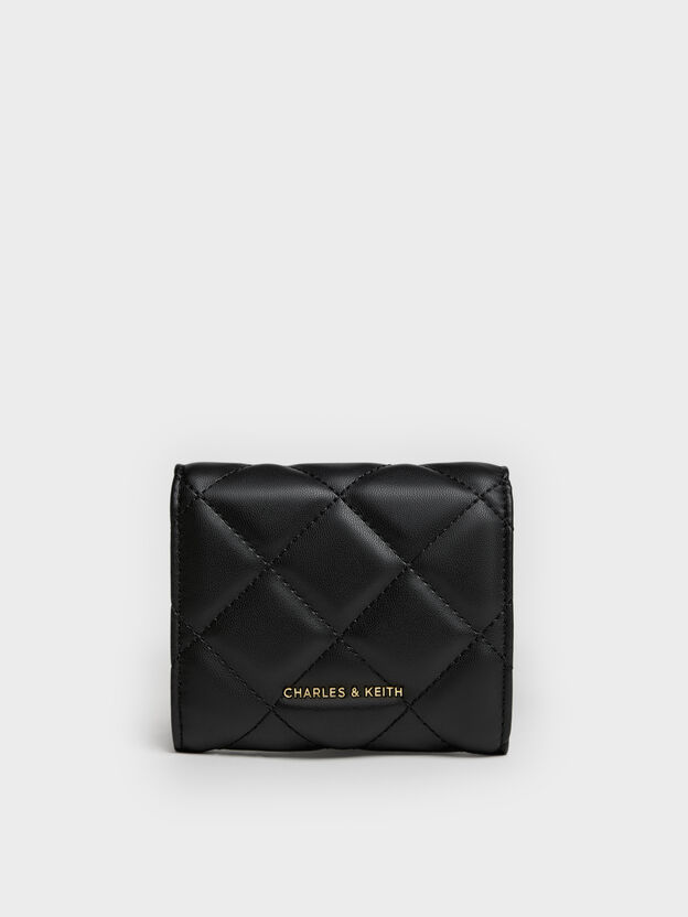 Arrietty Quilted Curved-Flap Wallet, Black, hi-res