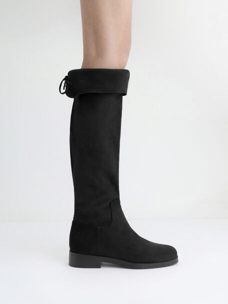 Louisa Faux Suede Fold-Over Thigh-High Boots, Black Textured, hi-res
