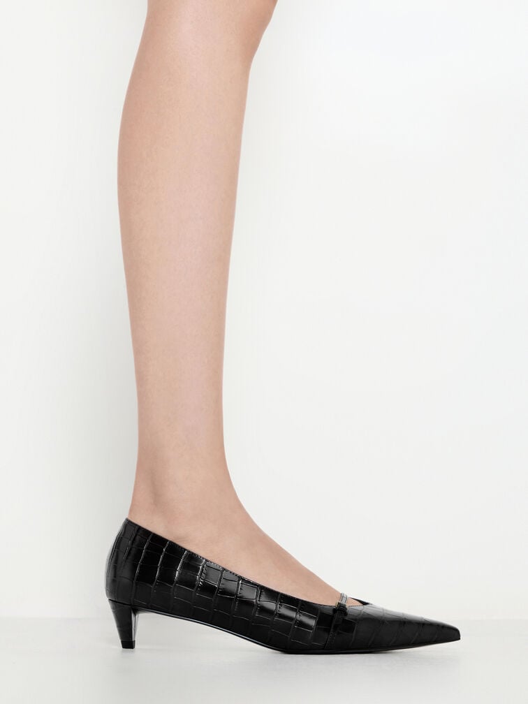 Croc-Effect Buckled Pointed-Toe Kitten-Heel Pumps, Animal Print Black, hi-res