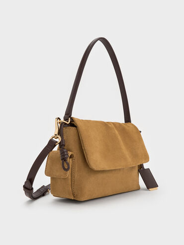 Khai Recycled Suede Ruched-Flap Side-Pocket Top Handle Bag, Sahara Sand, hi-res