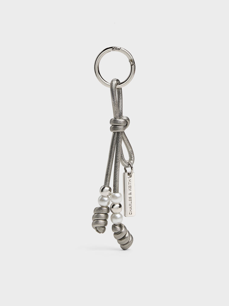 Beaded Metallic Cord Knot Charm, Pewter, hi-res