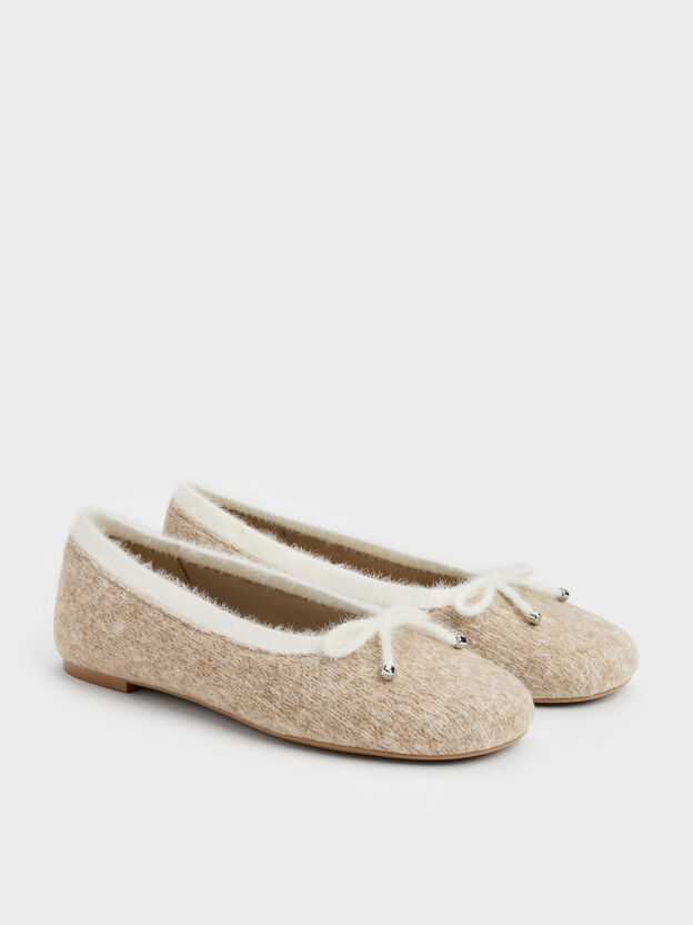 Two-Tone Knitted Bow Ballet Flats, Beige, hi-res