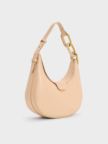Kora Metallic-Accent Moon Bag, Beige, hi-res