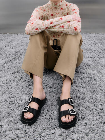 Recycled Polyester Gem-Buckle Double-Strap Sandals, Black Textured, hi-res