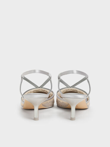 Satin Embroidered-Mesh Slingback Kitten Heels, Silver, hi-res