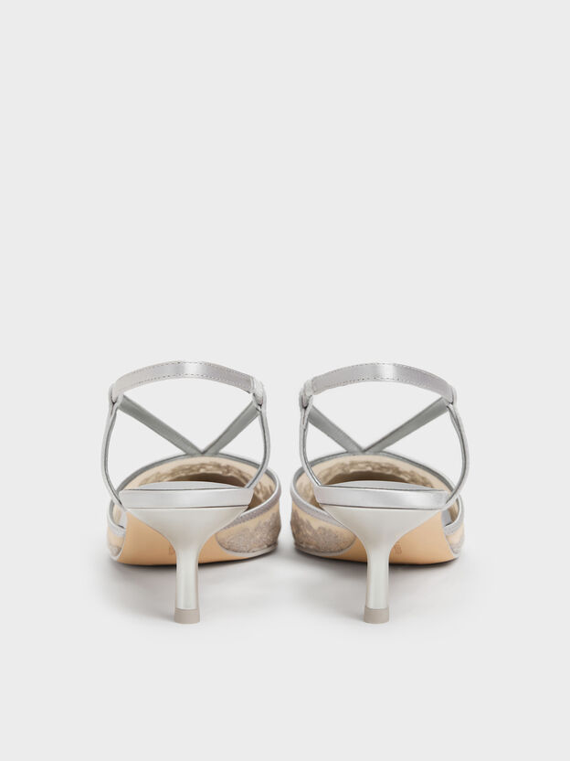 Satin Embroidered-Mesh Slingback Kitten Heels, Silver, hi-res