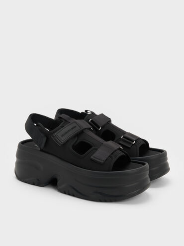 Elastane Flatform Sports Sandals, Black Textured, hi-res