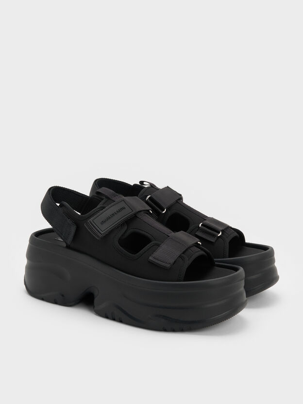 Flatform Sports Sandals, Black Textured, hi-res