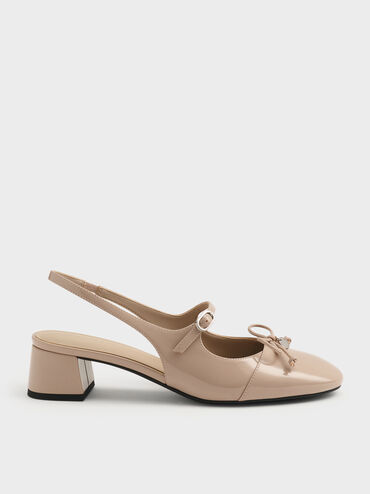 Patent Bow Slingback Pumps, Nude, hi-res