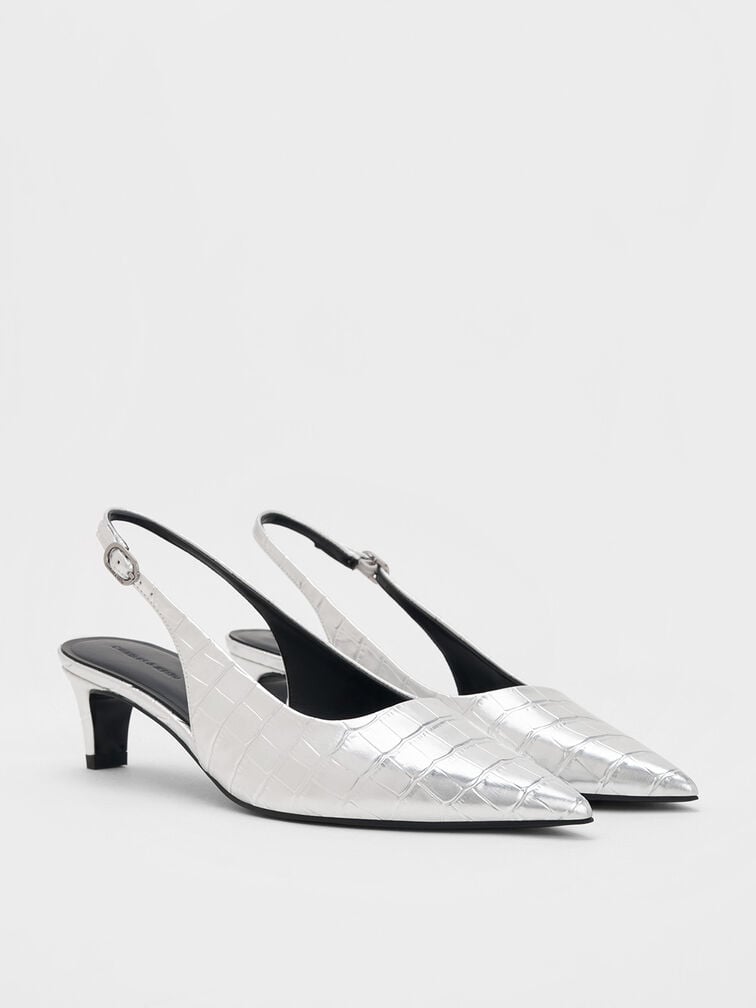 Croc-Effect Pointed-Toe Kitten-Heel Slingback Pumps, Animal Print Silver, hi-res